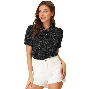 Dots Blouses Bow Tie Peter Pan Collar Chiffon Blouse Black